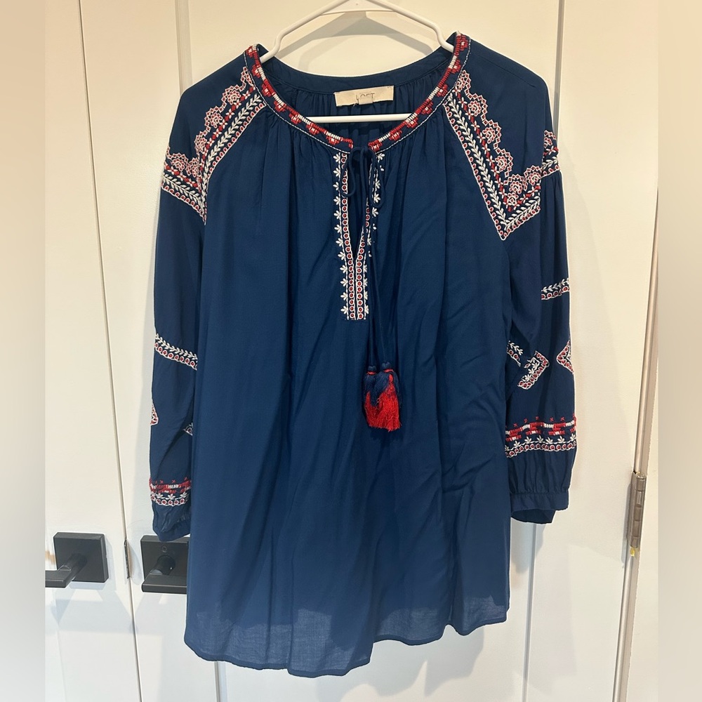 LOFT Navy Blouse with Red and White Embroidery